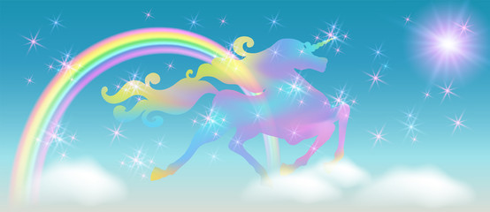 Wall Mural - Rainbow in the sky and galloping unicorn with luxurious winding mane against the background of the iridescent universe with sparkling stars