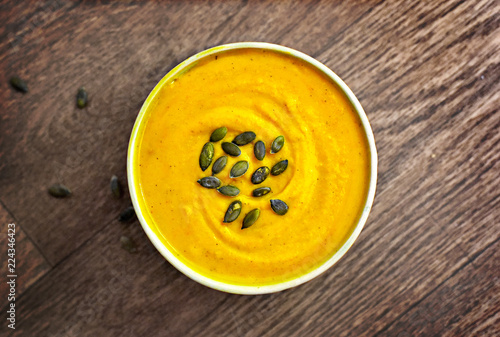 Hokkaido Or Butternut Pumpkin Soup With Curry And Seeds Delicious Autumn Dish Top View Stock Photo Adobe Stock