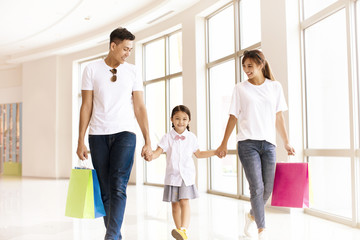 happy family  walking in the shopping mall