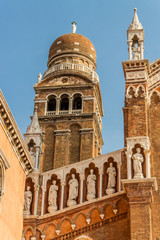 Statues on the facade of Madonna dell Orto, Venice, Italy.