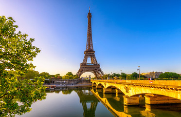 Wall Mural - view of eiffel tower and river seine at sunrise in paris, france. eiffel tower is one of the most ic