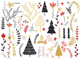 folk collection. flowers,branches,berries,christmas tree,trees,star. scandinavian folk art pattern. 