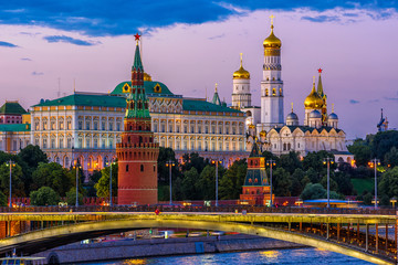 Wall Mural - Moscow Kremlin, Kremlin Embankment and Moscow River at night in Moscow, Russia. Architecture and landmark of Moscow