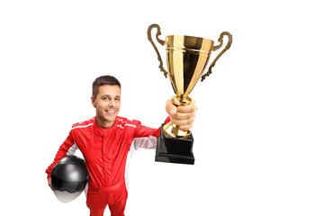 Racer winner with a gold trophy cup