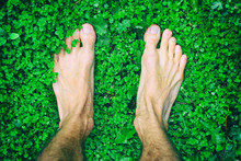 Bare Man Feet Stands On Green Grass, Top View, With Effect Of Juicy Green