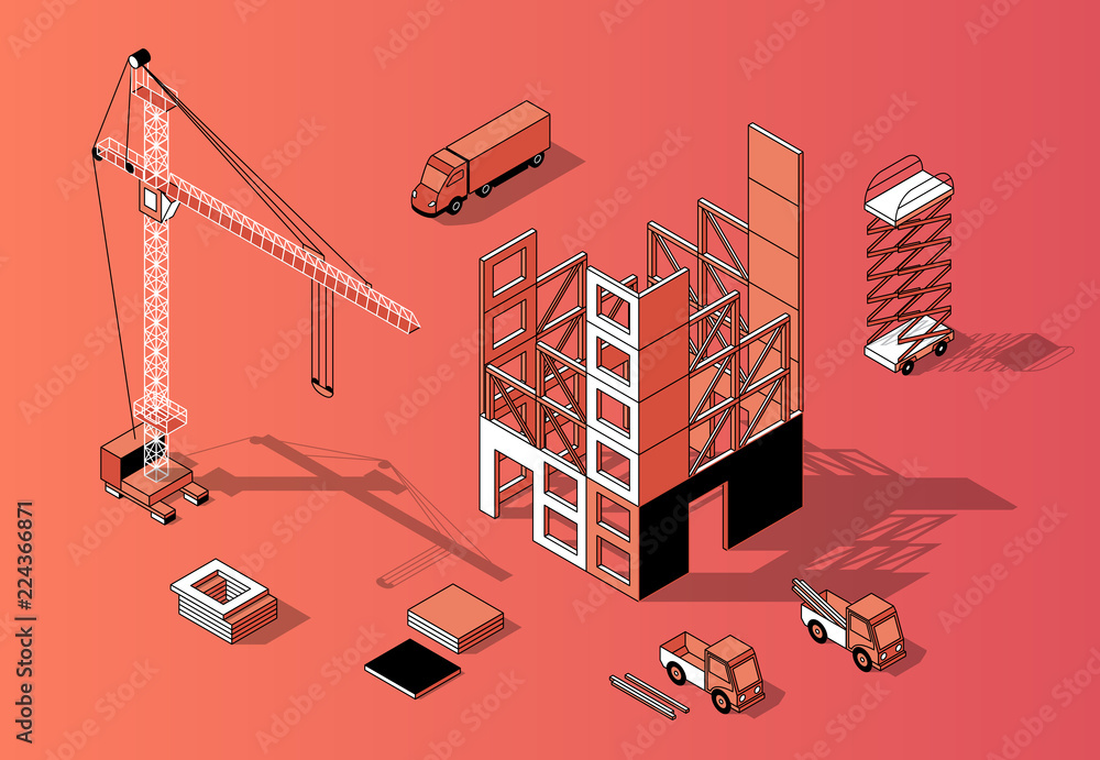 Vector 3d isometric construction site concept with unfinished building ...