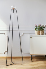 Wall Mural - Modern lamp next to white cupboard with flowers in grey living room interior. Real photo