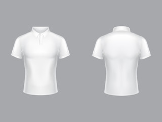 Wall Mural - White polo shirt 3d realistic vector illustration of tennis t-shirt with collar and short sleeves. Isolated man and woman casual sportswear front and back mockup for print design or promo branding