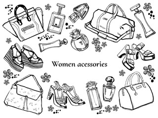 Sketch outline set with female perfumes, bags and shoes. Vector hand drawn illustration