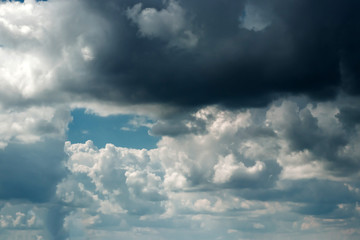 Fantastic, fluffy, white clouds against a blue sky. Rain clouds. The situation in the sky before the storm. copy space