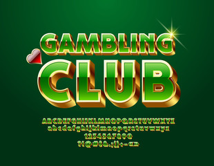 Vector luxury Emblem Gambling Club. Golden and Green Alphabet Letters, Numbers and Symbols. Elite Glossy Font.