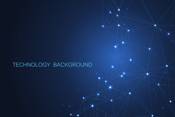 Fototapete - Abstract futuristic background. Molecules technology with polygonal shapes on dark blue background. Digital technology design concept, scientific vector Illustration.
