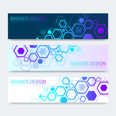 Fototapete - Vector banners set with hexagons background. Hi-tech digital technology and engineering background. Digital telecom technology concept. Vector abstract futuristic on dark blue color background.