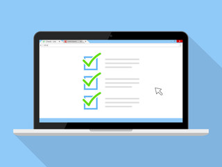 Checkboxes on laptop screen. Checkboxes and green checkmarks. Modern concept for web banners, web sites, infographics. Creative flat design vector illustration isolated on blue background
