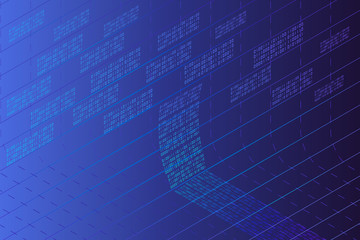 Vector abstract big data visualization. Blue glowing data flow as binary numbers. Computer code representation. Cryptographic analysis, hacking. Bitcoin, blockchain transfer. Pattern of program code
