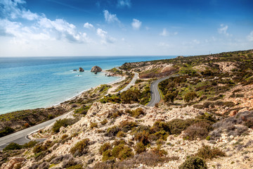 Wall Mural - Beautiful seascape, blue sea and sky, popular destination for summer holidays in Europe, Cyprus, Aphrodite Hills