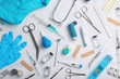 Many different medical objects on light background, flat lay