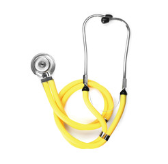 Stethoscope on white background, top view. Medical object