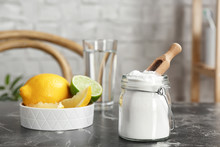Jar With Baking Soda And Lemons On Table Indoors