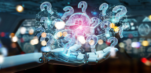 Fototapete - Cyborg solving problem with digital question marks 3D rendering