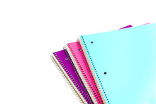 Top View Studio Shot Three 1-subject Notebooks Isolated On White Background. Colorful Assortment Classroom Classic College-ruled Notebooks With 3-hole Punched To Fit Standard Binder, Back To School