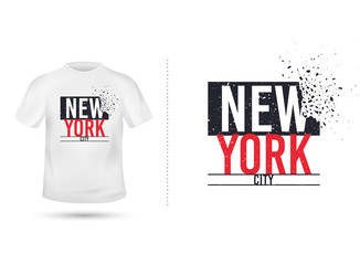 New york city slogan for T shirt printing design. Tee graphic design. New york concept. Tee-shirt print slogan with explosion of particles. Textile grunge graphic. NYC shirt template. Vector