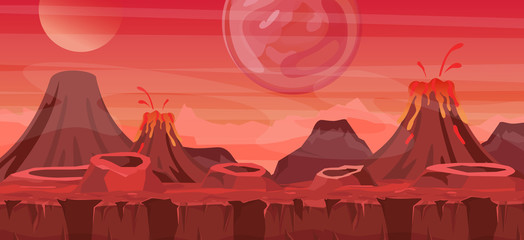 Vector illustration of beautiful alien landscape. Cool another world background for game design, alien planet in red colors in flat cartoon style.