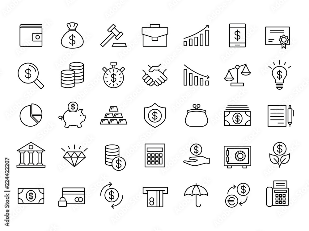 finance and money outline line black icons set Stock Vector | Adobe Stock