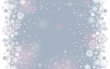 Falling snow border on a light tender silver grey background. Abstract winter lights blurry background for your Merry Christmas and Happy New Year design. Vector holiday illustration