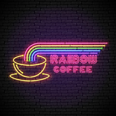 Wall Mural - Shining and glowing rainbow neon coffee sign in with yellow coffee cup on brick wall. Bright coffee house sign, night advertisement logo, vector illustration.