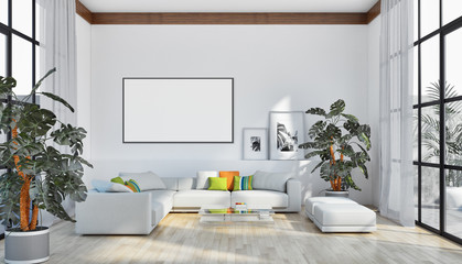 Modern bright interiors apartment with mock up poster frame illustration 3D rendering computer generated image