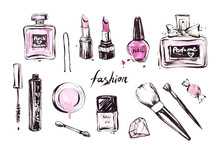 Hand Drawn Cosmetics Set. Nail Polish, Mascara, Lipstick, Eye Shadows, Brush, Powder, Lip Gloss, Handwritten Lettering