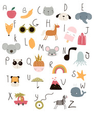 Cute Kids Alphabet With Hand Drawn Animals And Other Elements. Vector Illustration.