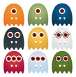 Set of 9 cute ghosts with one, two or three eyes or glasses, with sharp tooth with blood, in different colors, isolated on white