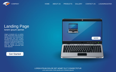 Wall Mural - website landing page design template. blue vector background with laptop illustration