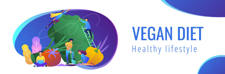 Sticker - People taking care of vegetables. Healthy lifestyle landing page. Vegetarianism, vegetarian diet, meat abstaining, veggie recipe, eco friendly. Header or Footer banner template, copy space.