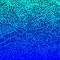 Poster - Digital landscape with mountains or clouds made of line grid