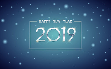 Wall Mural - Silver Happy new year 2019 in square label with glowing glitter on blue color background