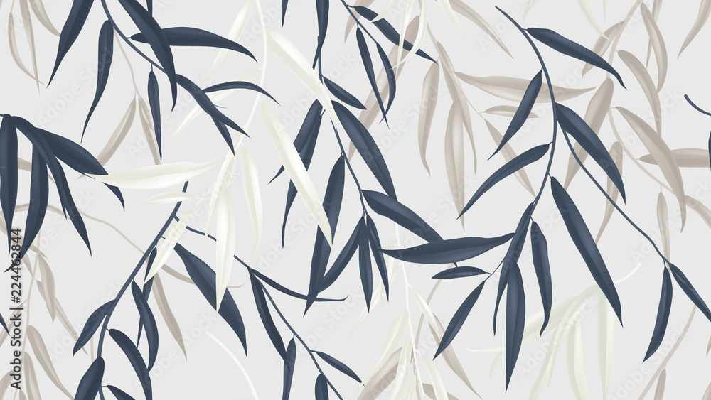 Floral seamless pattern, multicolored Weeping Willow leaves on light grey background - obrazy, fototapety, plakaty 