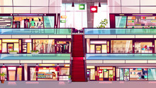 Mall Shop Vector Illustration Of Shopping Store Interior With Escalator In Middle. Multistory Trade Center With Retail Sale In Men And Women Fashion Boutiques, Grocery And Food Court Cafe