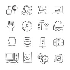 hand drawn network and database icon set