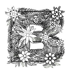 Letter B. Dudling drawing, mandala. Alphabet in the style of dudling, letters of the alphabet. Drawing from the branches of leaves, flowers.