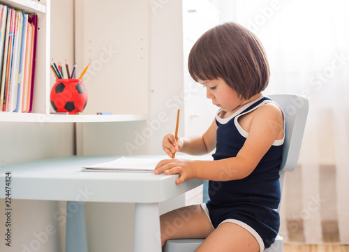 Cute Smiling Child Doing Homework Coloring Pages Writing And