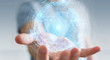 © sdecoret - Businessman using digital triangle exploding sphere hologram 3D rendering