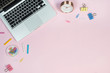 © immstudio - Office desk. Workspace with laptop, coffee cup, colorful clips and accessories. Flat lay, top view