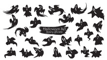 Spooky Ghost Fly Silhouette Collection Of Halloween Vector Isolated On White Background. Scary, Haunted And Creepy Expression Element