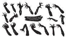 Spooky Zombie Hands Silhouette Collection Of Halloween Vector Isolated On White Background. Scary, Haunted And Creepy Arm Element