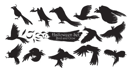 Wall Mural - Spooky crow silhouette collection of Halloween vector isolated on white background. scary and creepy raven birds element