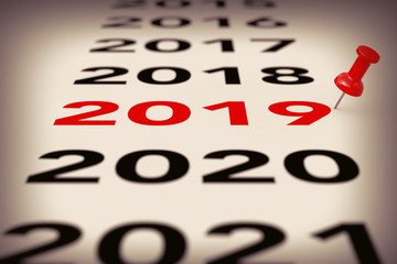 Poster - New 2019 Year Sign with Red Pin Marker. 3d Rendering