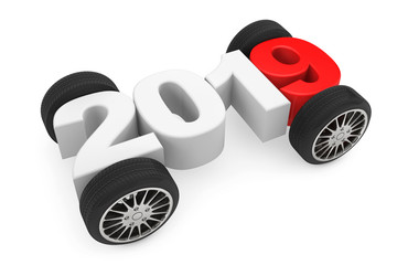 Poster - 2019 Year Concept with Car Wheels. 3d Rendering